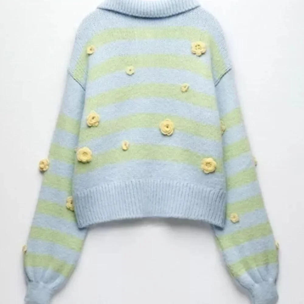 Zara Crochet 3D Floral Embroidered Striped Polo Collared Sweater L Blue Fairy - Picture 5 of 16